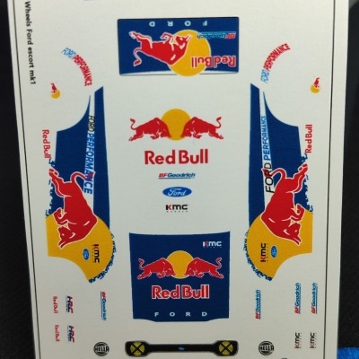 Folha de autocolantes para modelo Ford escort mk1 Hot Wheels com logos Red Bull e Ford