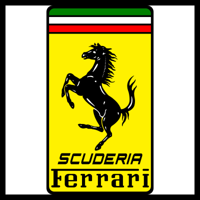 Logótipo retangular Scuderia Ferrari com cavalo preto e cores da bandeira italiana