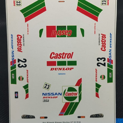 Folha de autocolantes para Hot Wheels Nissan Skyline GT-R R34 com logotipos Castrol e Nissan