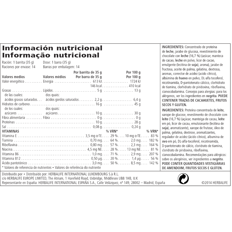 Barras de Proteínas Citrinos Limão 14 Barras Etiqueta nutricional e ingredientes de suplemento alimentar Herbalife em espanhol e português