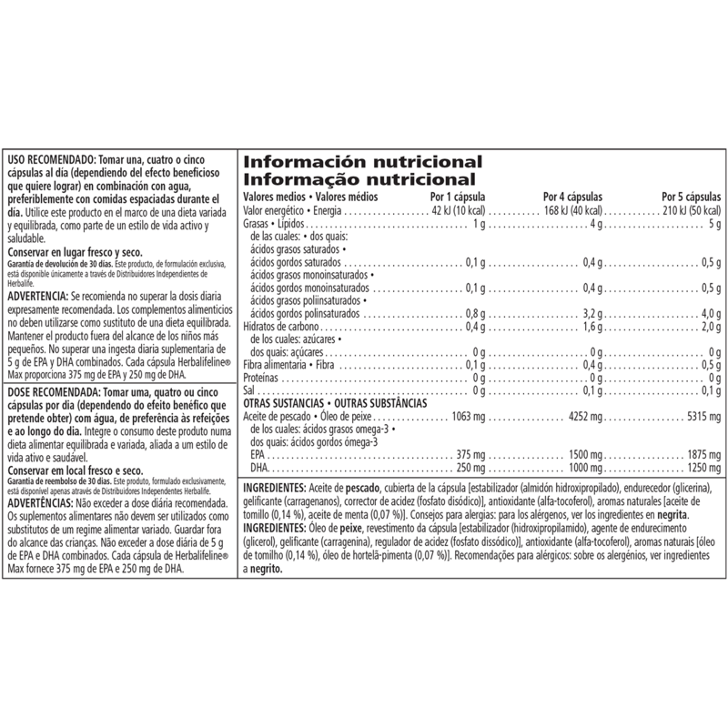 Herbalifeline® Max 30 cápsulas Etiqueta de suplemento alimentar com informações nutricionais e instruções de uso