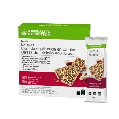 Embalagem verde e branca Herbalife Nutrition com barras de refeição sabor arandos e chocolate branco