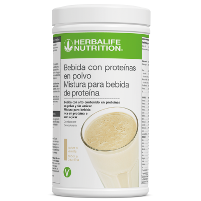 Embalagem branca de bebida em pó Herbalife Nutrition com texto em português e espanhol e imagem de copo com bebida cremosa