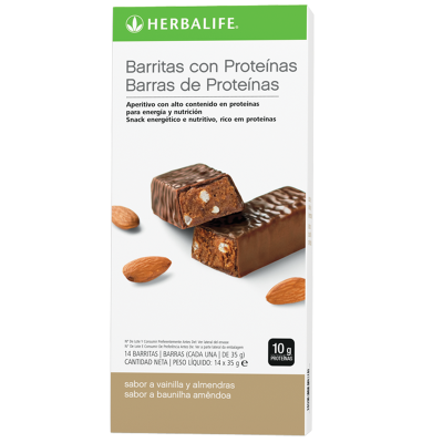 Embalagem de barras de proteína Herbalife sabor baunilha e amêndoas com imagem das barras e amêndoas