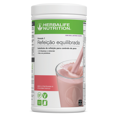 Recipiente de suplemento Herbalife Nutrition com bebida rosa sabor framboesa e chocolate branco