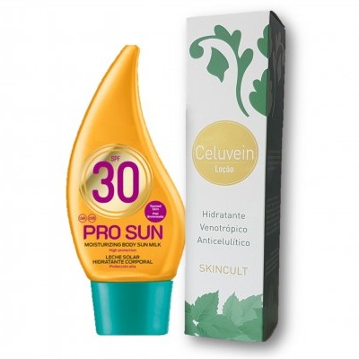 Dois produtos de cuidado corporal, um tubo amarelo SPF 30 Pro Sun e uma caixa branca Celuvein