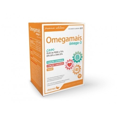 Embalagem de suplemento Omegamais ômega-3 branco e laranja