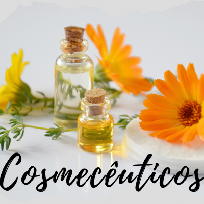 Frascos de vidro com óleo, flores laranja e amarela, disco branco e texto Cosmecêuticos