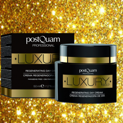 Creme regenerador de dia postQuam Luxury Gold em embalagem preta e dourada com caixa