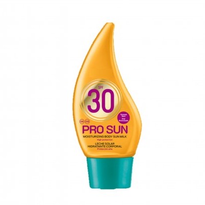 Frasco amarelo de protetor solar com tampa azul e texto 30 PRO SUN