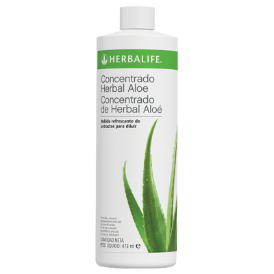 Frasco branco de concentrado herbal aloe da Herbalife com rótulo verde e branco e imagem de aloe vera.