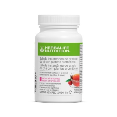 Frasco branco Herbalife Nutrition com etiqueta verde e branca de bebida instantânea sabor framboesa