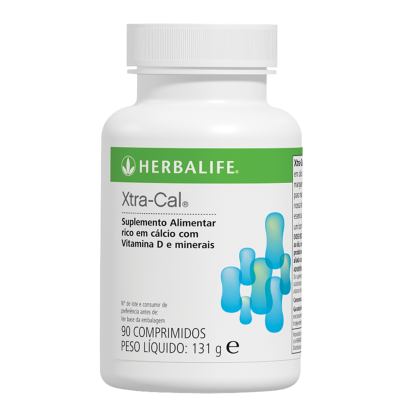 Frasco de suplemento Herbalife Xtra-Cal com rótulo branco e verde e texto em português.