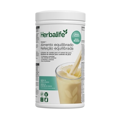 Embalagem branca de pó Herbalife Alimento equilibrado com rótulo verde e texto em português.
