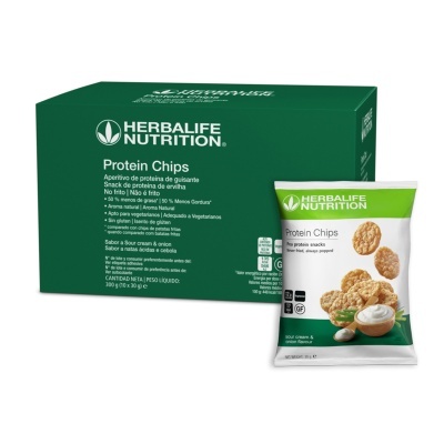 Caixa e embalagem individual de Protein Chips Herbalife Nutrition sabor sour cream & onion