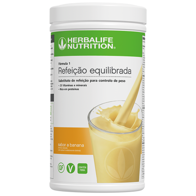 Embalagem branca de suplemento Herbalife Nutrition sabor banana com imagem de batido amarelo