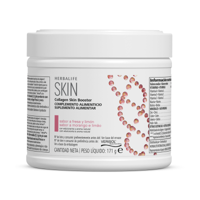 Frasco branco do suplemento Herbalife SKIN Collagen Skin Booster com rótulo em castelhano e português