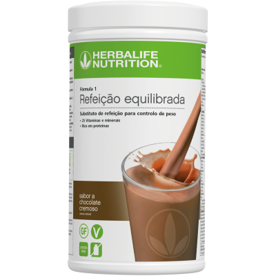 Frasco suplemento Herbalife Nutrition Fórmula 1 sabor chocolate cremoso