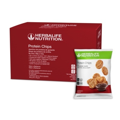 Caixa vermelha de Protein Chips da Herbalife Nutrition com embalagem individual branca e verde