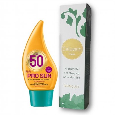 Protetor solar Pro Sun FPS 50 e caixa Celuvein Leão Anticelulítico