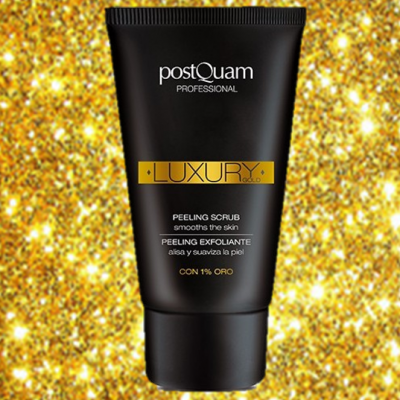 Frasco preto de esfoliante luxury da postQuam Professional em fundo dourado