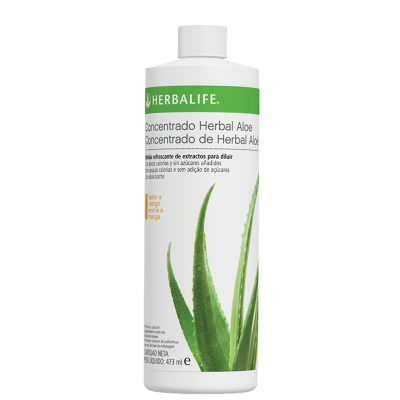 Frasco de concentrado Herbal Aloe Herbalife com folhas de aloe e texto em português e espanhol
