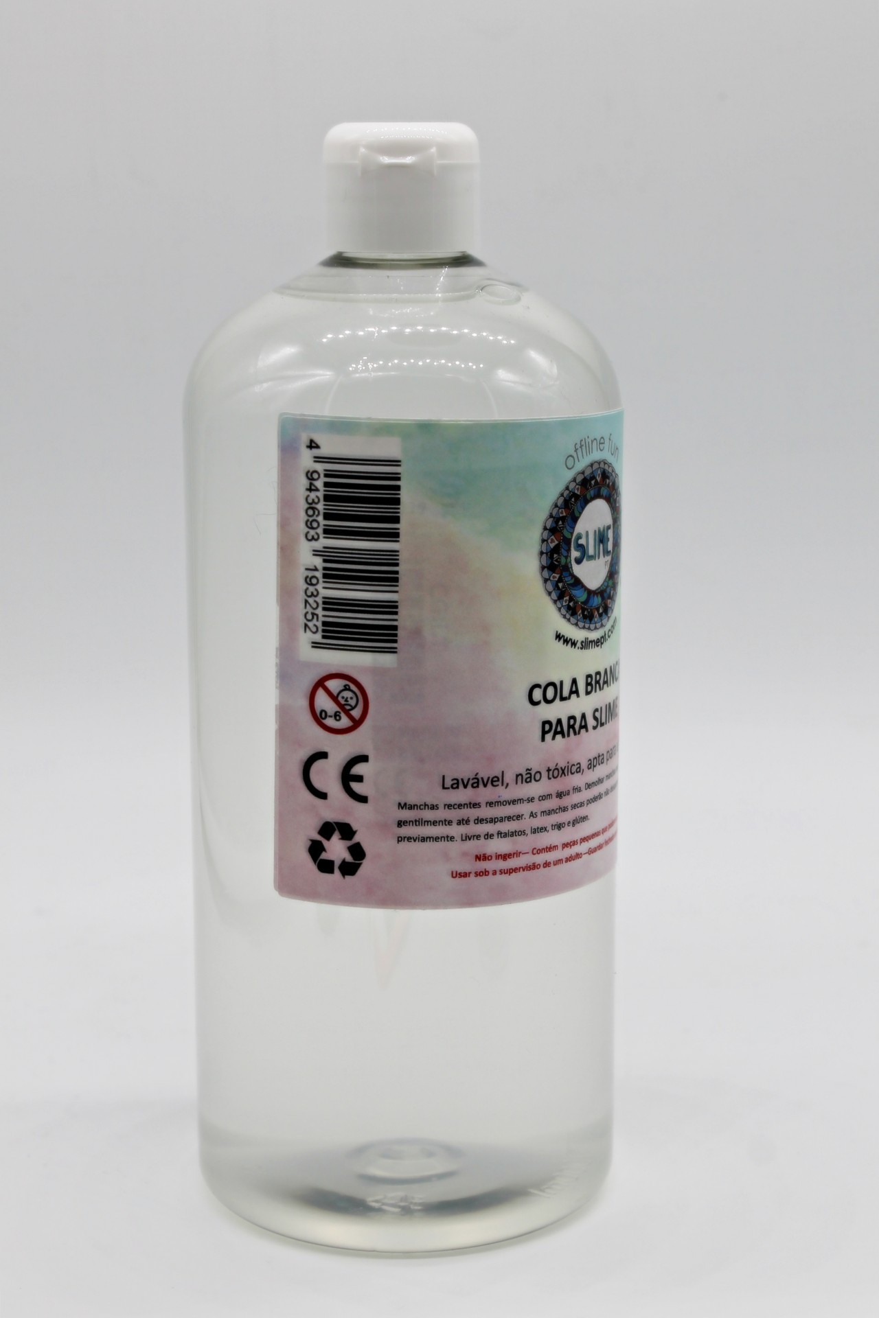 Frasco transparente de cola branca para slime com etiqueta colorida e tampo branco