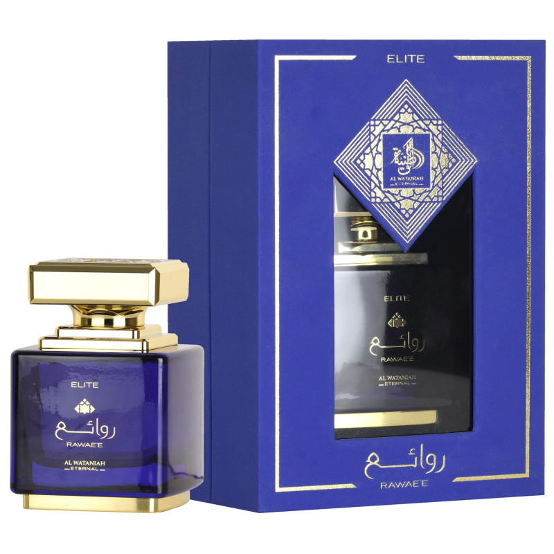 Al Wataniah Rawae’e Elite Eau De Parfum 100ml Frasco de perfume azul escuro com tampa dourada ao lado da caixa azul com moldura dourada