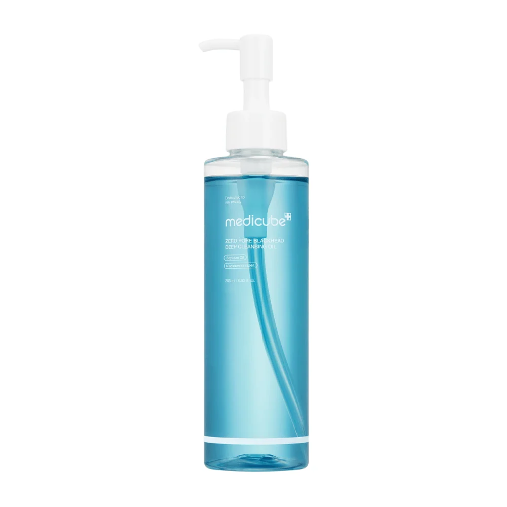 Medicube Zero Pore Blackhead Deep Cleansing Óleo 205ml Frasco azul com óleo de limpeza Medicube e doseador branco
