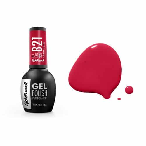 Verniz Gel RickiParodi Crimson Desire B21 10 ml Verniz de unhas gel preto com tampa vermelha e amostra da cor vermelha