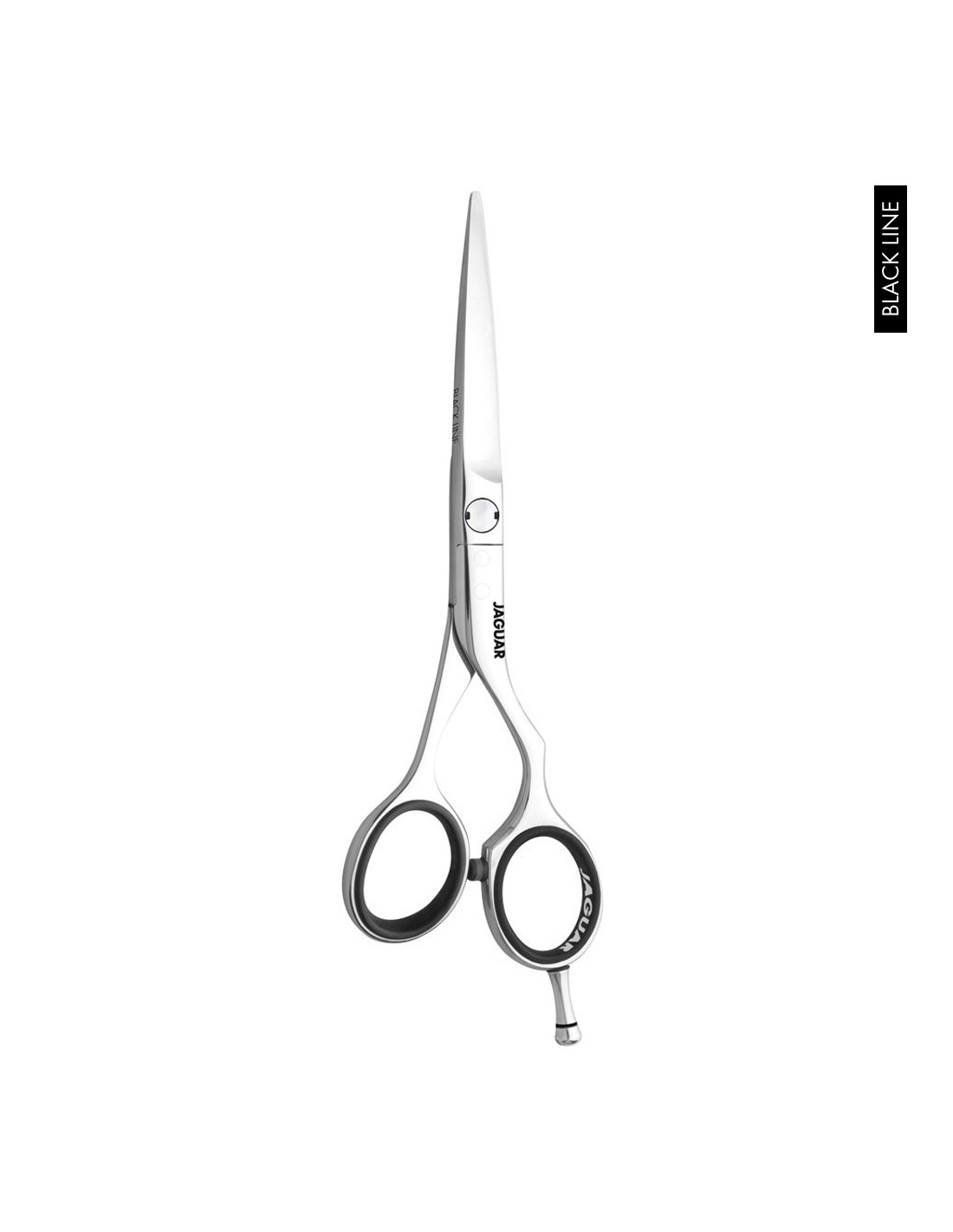 Jaguar Tesoura EuroTech Black Line Tesoura metálica prateada com inscrição 'JAGUAR' e texto 'BLACK LINE' em fundo branco