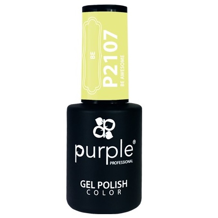 Purple Verniz Gel P2107 – BE AWESOME 10ml Frasco de verniz gel para unhas preto com tampa amarela, texto branco Purple Professional e BE P2107.