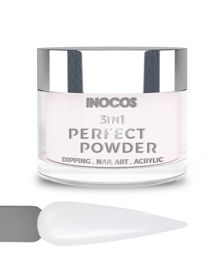 INOCOS PERFECT POWDER 3 EM 1 P03 Branco Branquíssimo 20GR Pó para unhas INOCOS 3IN1 PERFECT POWDER com tampa prateada e amostra de cor branca