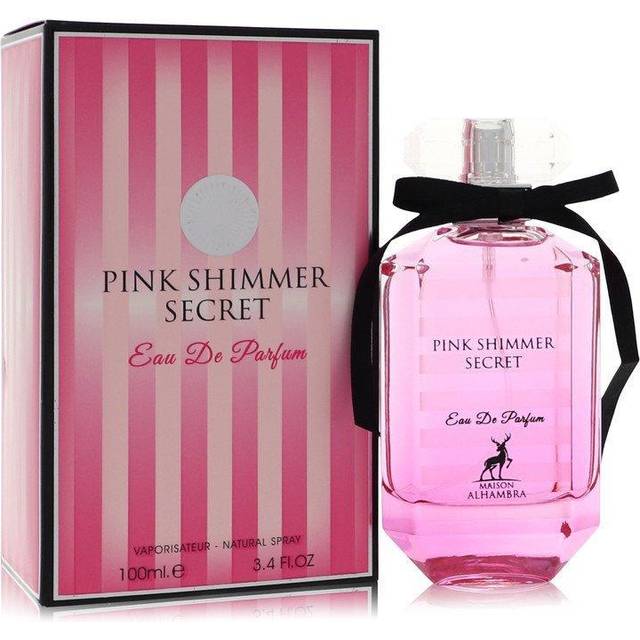 Maison Alhambra Pink Shimmer Secret Eau De Parfum Spray 100ml Perfume Pink Shimmer Secret com caixa rosa às riscas e frasco rosa com laço preto.