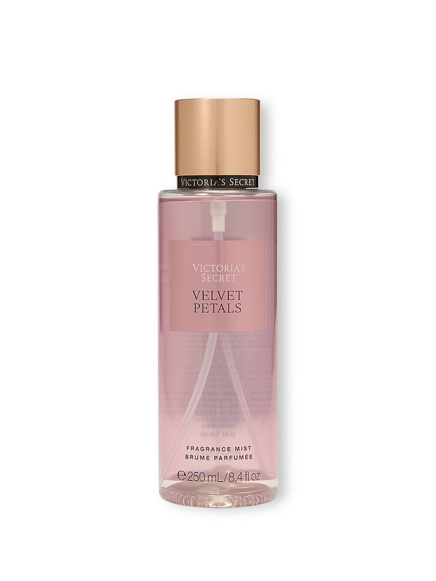 Victoria's Secret Velvet Petal Body Spray 250 ml Frasco de fragrância rosa com tampa dourada da Victorias Secret.
