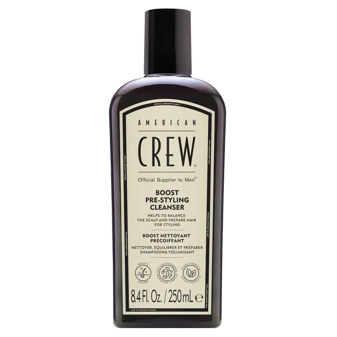 American Crew Crew Boost Shampoo 250ml Frasco preto de American Crew Boost Pre-Styling Cleanser 250 mL.