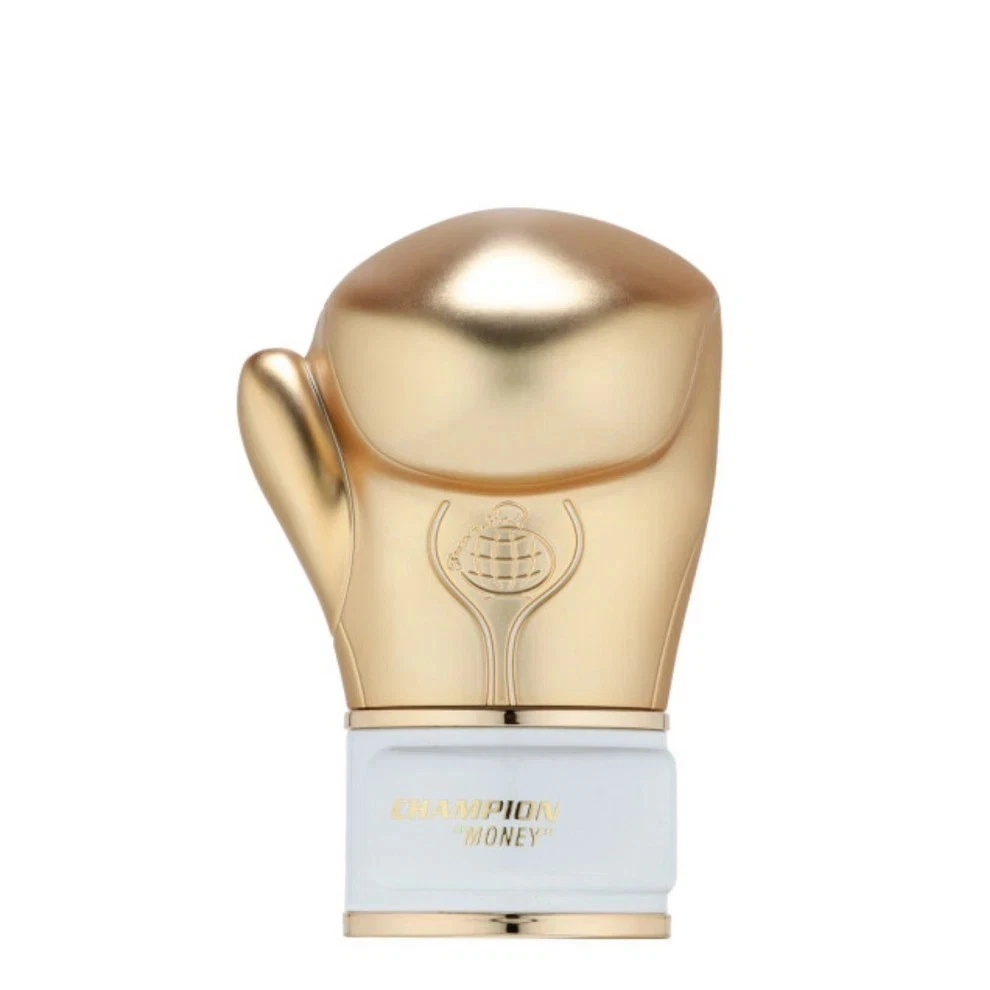 Champion Money Eau de Parfum 100ml - Fragrance World Frasco em forma de luva de boxe dourada com base branca e texto HONEY