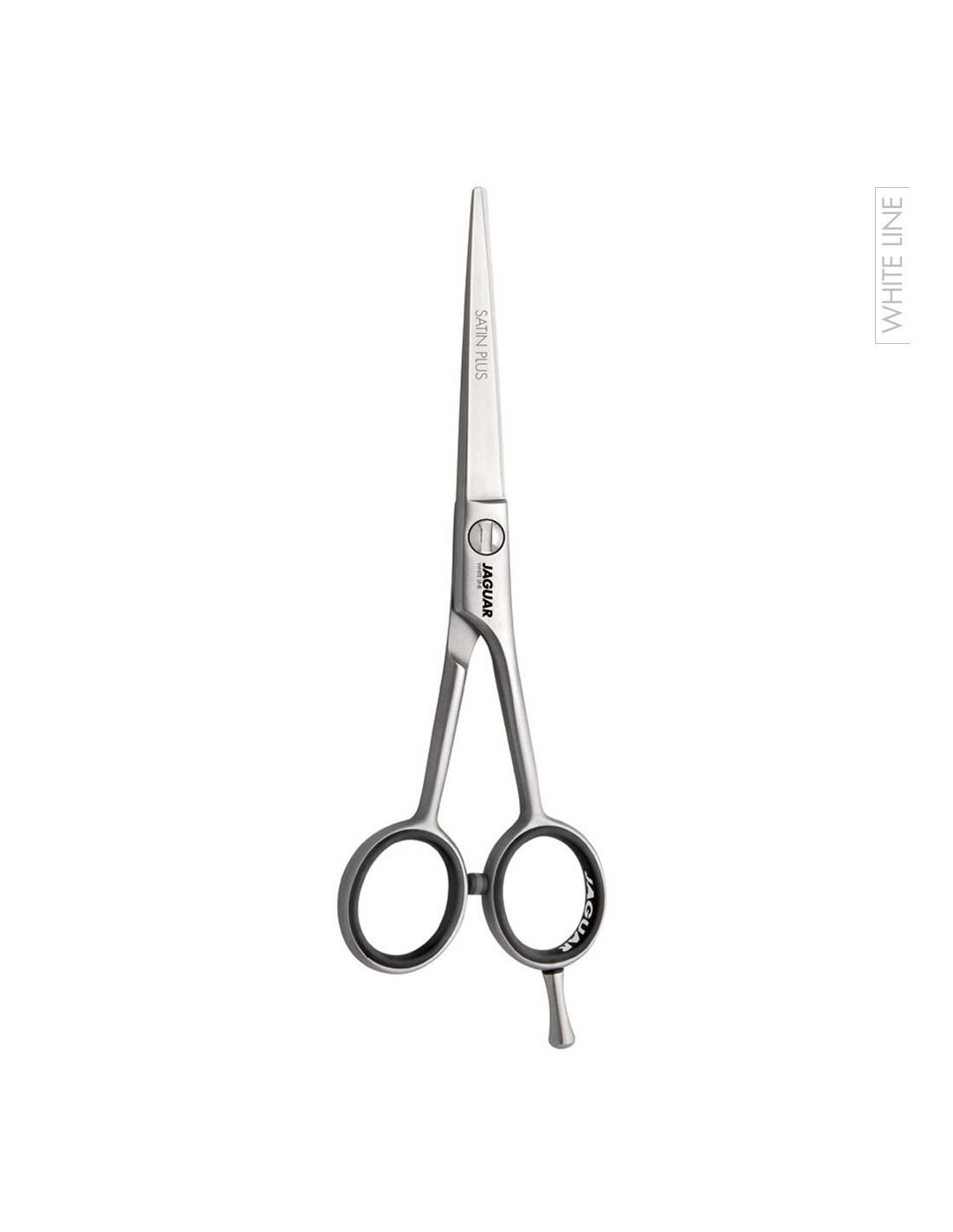 Jaguar Tesoura Satin Plus White Line Tesoura de corte de cabelo prateada com alças pretas sobre fundo branco