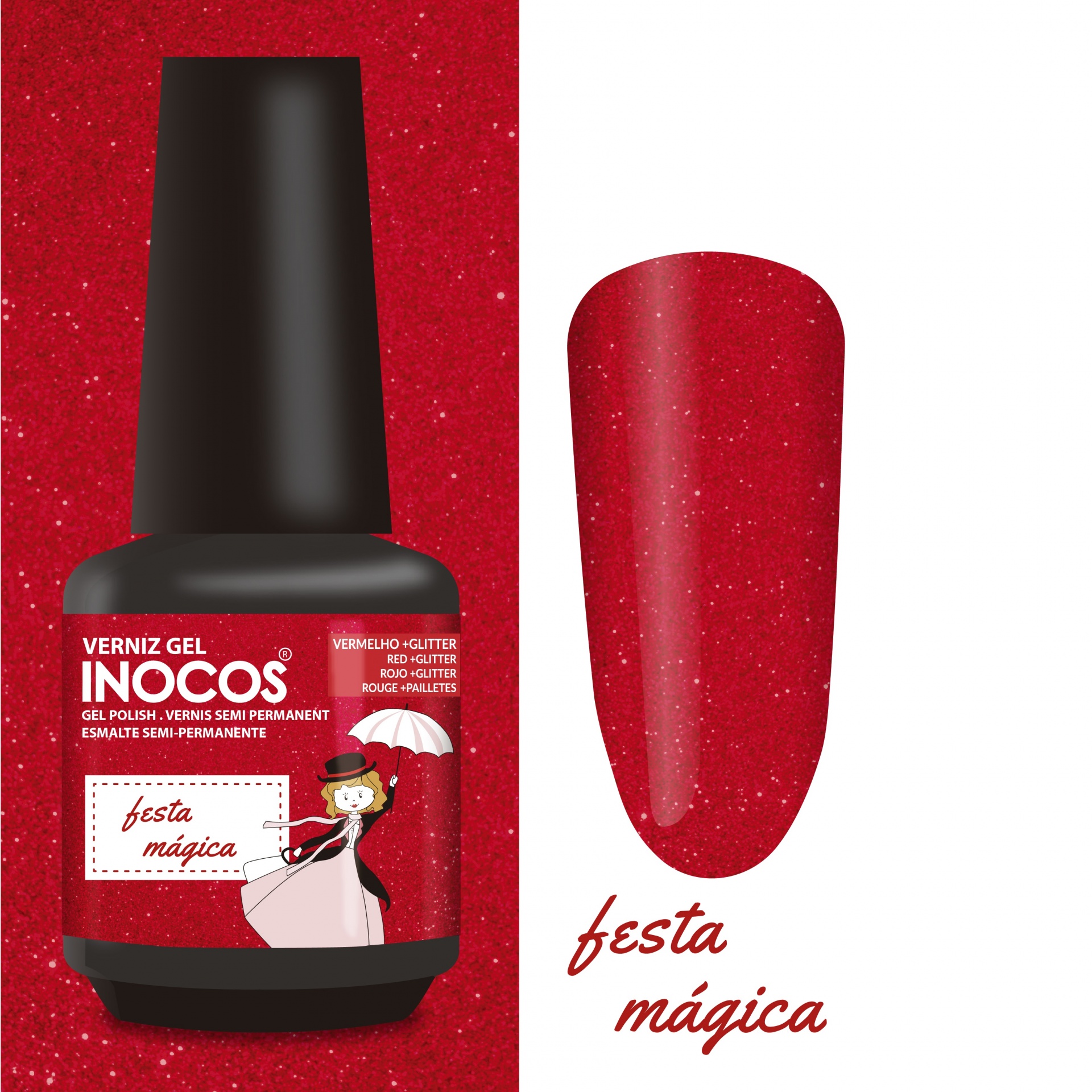 INOCOS VERNIZ GEL FESTA MÁGICA 15ML Verniz gel vermelho glitter da marca Inocos com embalagem preta e rótulo vermelho