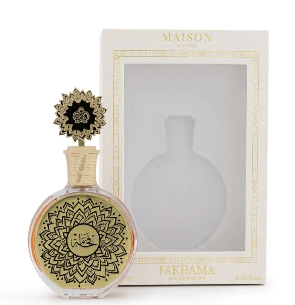 Fakhama MAISON ASRAR 100ml Frasco decorativo de perfume com padrão geométrico e embalagem branca com texto dourado