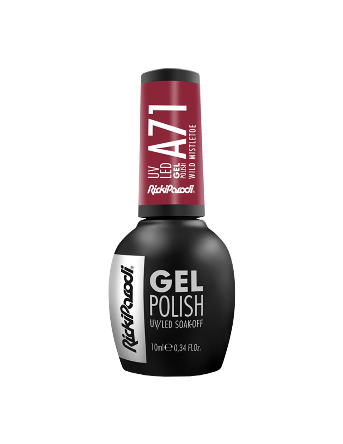 Verniz Gel A71 Wild Mistletoe - Christmas Collection - Ricki Parodi Frasco de verniz gel vermelho escuro RickiParodi A71 com tampa preta