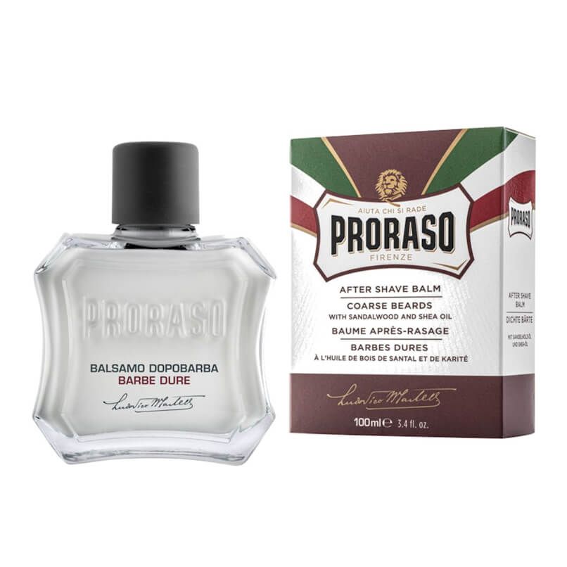 Proraso Red After Shave Balm 100ml Bálsamo pós-barba Proraso em frasco de vidro com tampa preta ao lado da caixa colorida.