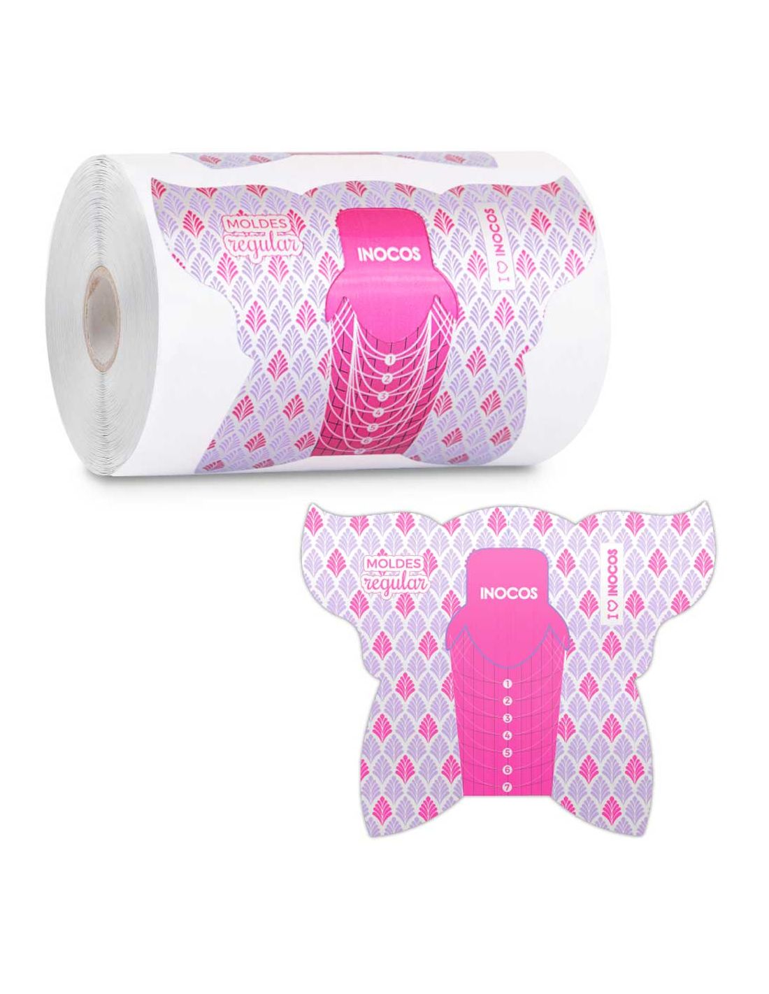 Moldes Borboleta Regulares 100uni. - Inocos Rolo e molde adesivo para unhas com padrão rosa e lilás em formato butterfly