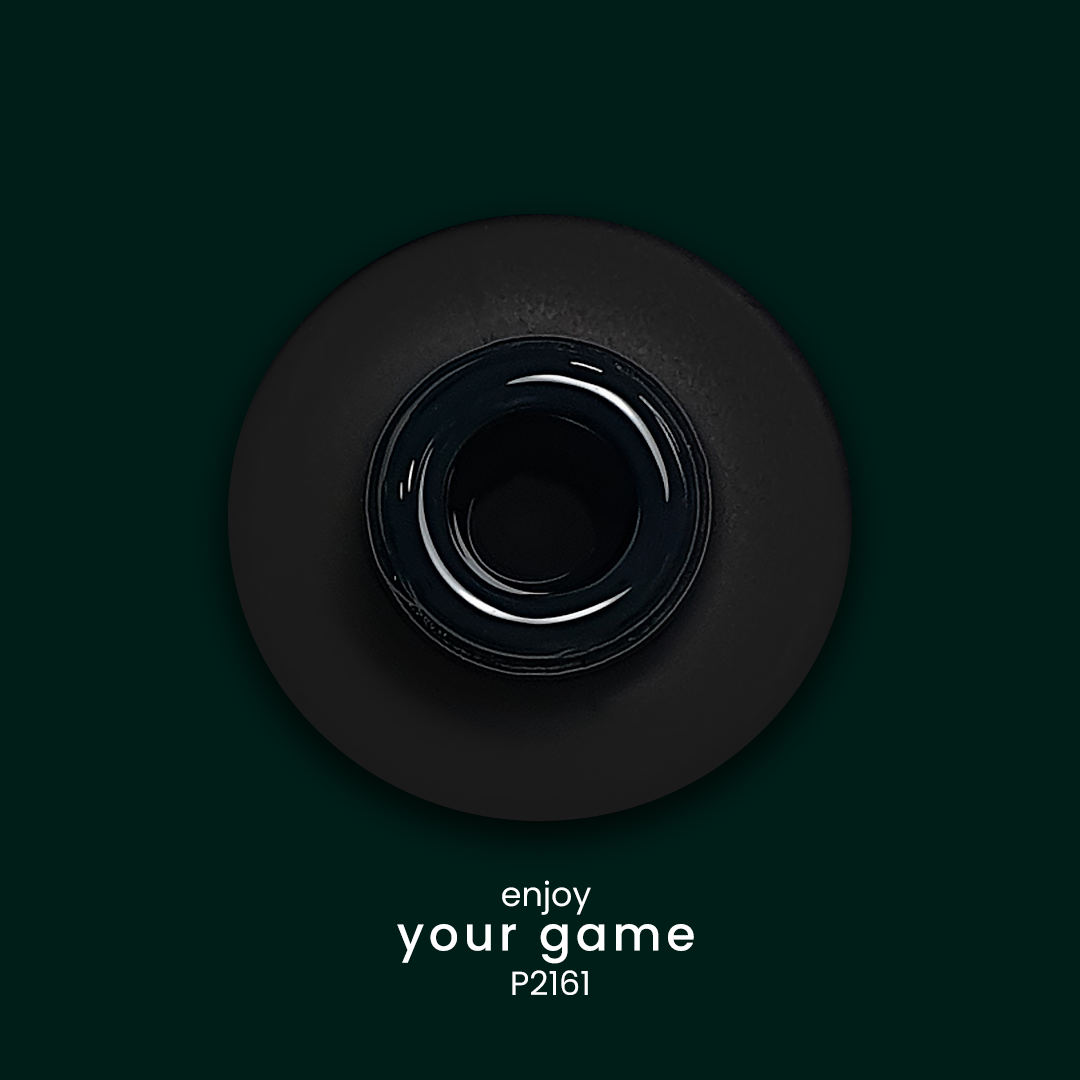 Purple P2161 GEL POLISH ENJOY YOUR GAME 10ml Objeto circular preto com centro brilhante e texto 'enjoy your game P2161' em fundo escuro