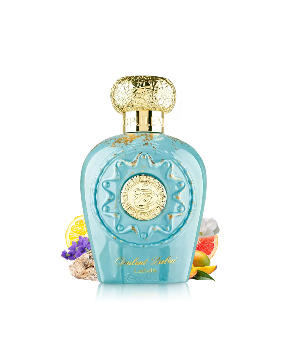 Lattafa Opulent Dubai 100ml Frasco de perfume azul com tampa dourada e medalhão frontal
