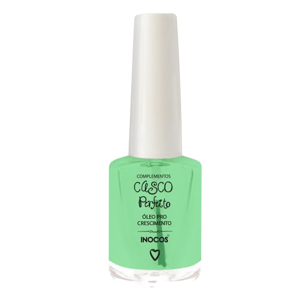 INOCOS CASCO PERFEITO ÓLEO PRO CRESCIMENTO 9ml Frasco de verniz para unhas verde claro com tampa branca e texto no rótulo