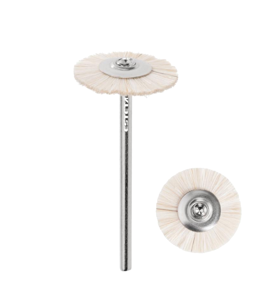 Fresa Disco Pelo de Cabra Limpeza Unhas Escova redonda com cabo metálico e cerdas brancas