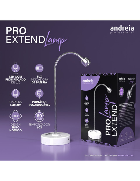 Catalisador Tips Unhas Andreia PRO Extend Lamp Lâmpada flexível branca com base redonda e caixa preta e roxa PRO EXTEND Lamp da andreia profissional