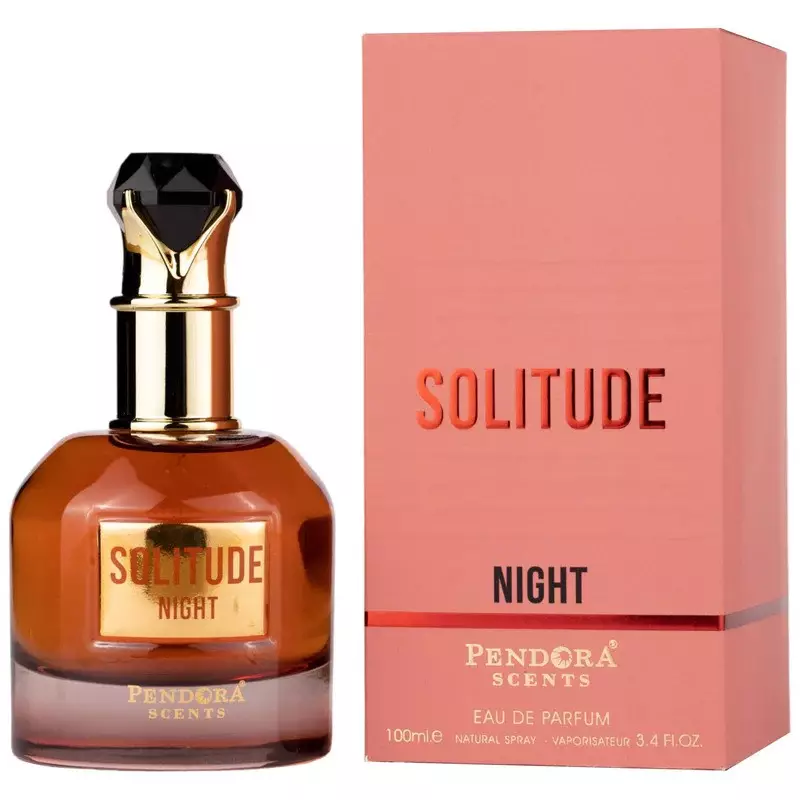 Pendora Scents Solitude Night Eau De Parfum 100ml Frasco de perfume âmbar e caixa rosa com texto SOLITUDE NIGHT
