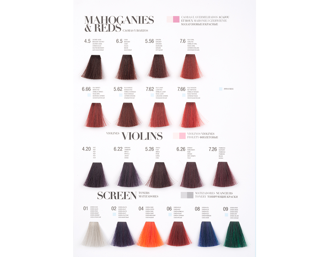 Kosswell Professional Coloração Color Sheen 100ml(108cores) Cartaz com amostras de cores para tintura de cabelo em vários tons e códigos